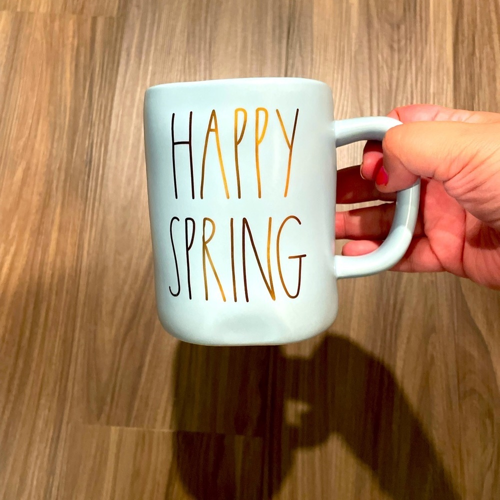 Rae Dunn by Magenta light Blue and Gold Happy Spring Ceramic Mug for Dining